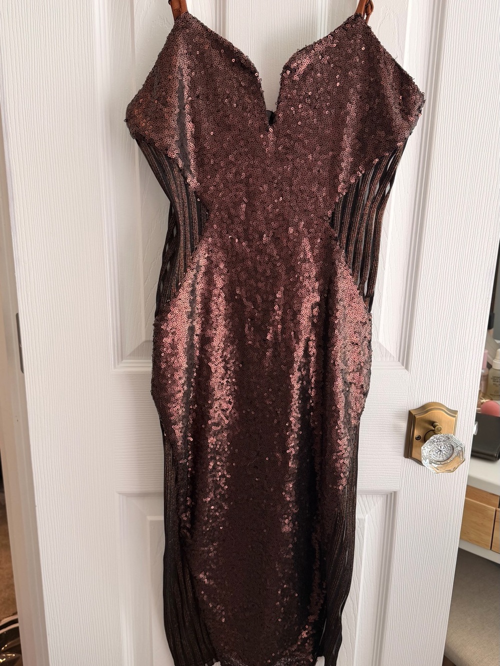 DANCE & MARVEL Sequined Copper Brown Bodycon Mini Dress with Mesh Panels
